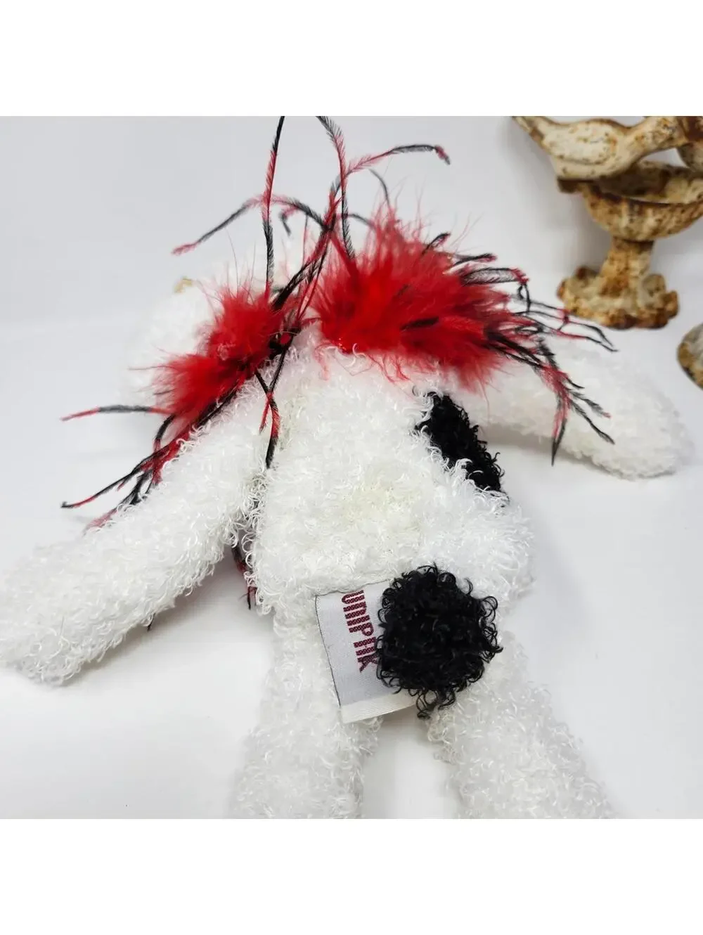 Dressed Up Plush Dog Stuffed Animal Black White Red Feather Accent Decor 16